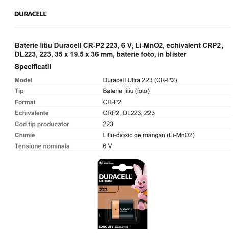 Baterie litiu Duracell CR-P2 223, 6 V, Li-MnO2, echivalent CRP2, DL223, 223, 35 x 19.5 x 36 mm, baterie foto, in blister [2]