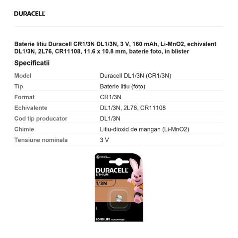 Baterie litiu Duracell CR1/3N DL1/3N, 3 V, 160 mAh, Li-MnO2, echivalent DL1/3N, 2L76, CR11108, 11.6 x 10.8 mm, baterie foto, in blister [2]