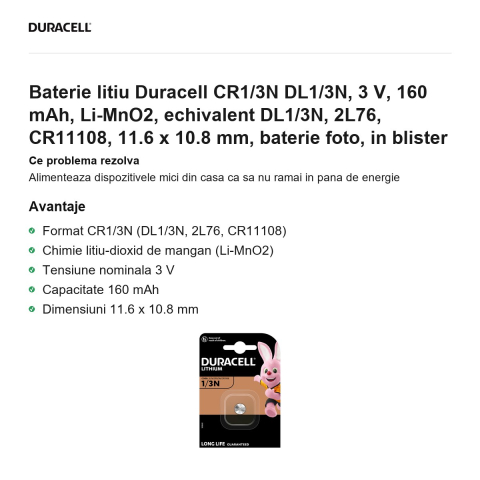 Baterie litiu Duracell CR1/3N DL1/3N, 3 V, 160 mAh, Li-MnO2, echivalent DL1/3N, 2L76, CR11108, 11.6 x 10.8 mm, baterie foto, in blister [1]