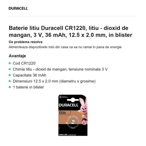 Baterie litiu Duracell CR1220, litiu - dioxid de mangan, 3 V, 36 mAh, 12.5 x 2.0 mm, in blister [1]