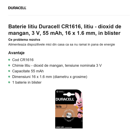 Baterie litiu Duracell CR1616, litiu - dioxid de mangan, 3 V, 55 mAh, 16 x 1.6 mm, in blister [1]