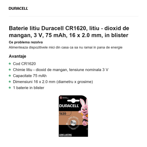 Baterie litiu Duracell CR1620, litiu - dioxid de mangan, 3 V, 75 mAh, 16 x 2.0 mm, in blister [1]