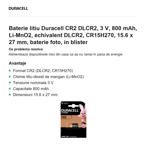 Baterie litiu Duracell CR2 DLCR2, 3 V, 800 mAh, Li-MnO2, echivalent DLCR2, CR15H270, 15.6 x 27 mm, baterie foto, in blister [1]