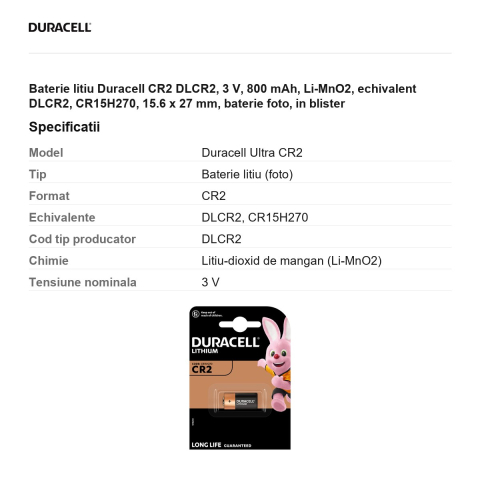 Baterie litiu Duracell CR2 DLCR2, 3 V, 800 mAh, Li-MnO2, echivalent DLCR2, CR15H270, 15.6 x 27 mm, baterie foto, in blister [2]