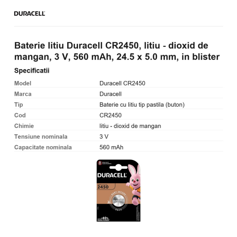 Baterie litiu Duracell CR2450, litiu - dioxid de mangan, 3 V, 560 mAh, 24.5 x 5.0 mm, in blister [2]
