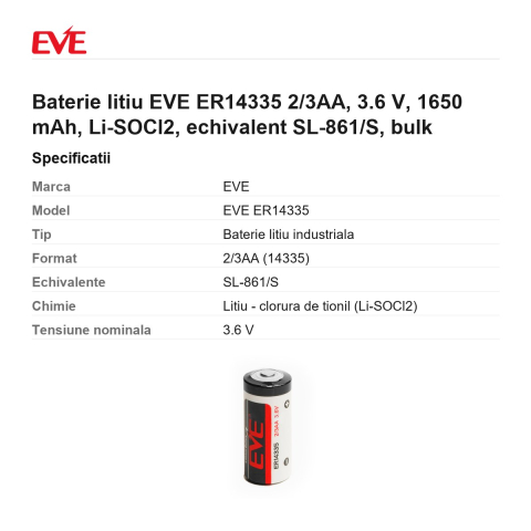 Baterie litiu EVE ER14335 2/3AA, 3.6 V, 1650 mAh, Li-SOCl2, echivalent SL-861/S, bulk [2]