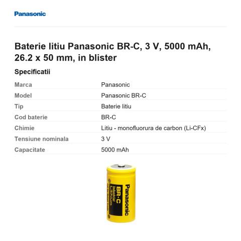 Baterie litiu Panasonic BR-C, 3 V, 5000 mAh, 26.2 x 50 mm, in blister [2]