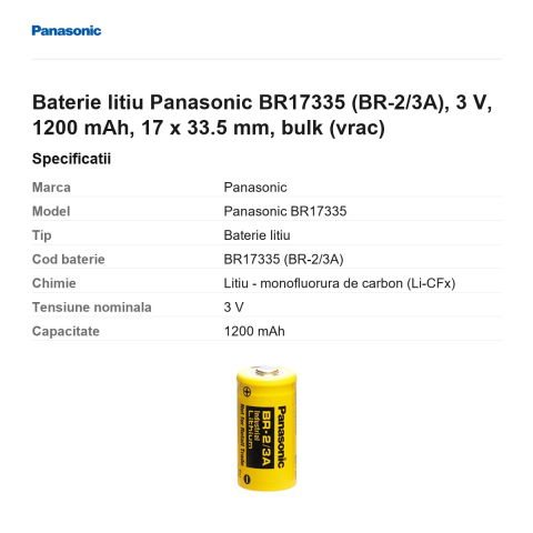 Baterie litiu Panasonic BR17335 (BR-2/3A), 3 V, 1200 mAh, 17 x 33.5 mm, bulk (vrac) [2]