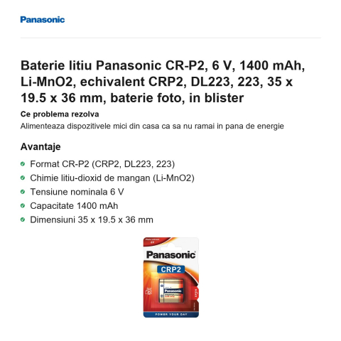 Baterie litiu Panasonic CR-P2, 6 V, 1400 mAh, Li-MnO2, echivalent CRP2, DL223, 223, 35 x 19.5 x 36 mm, baterie foto, in blister [1]
