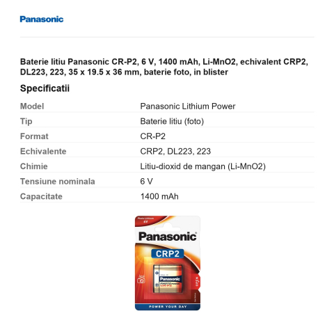 Baterie litiu Panasonic CR-P2, 6 V, 1400 mAh, Li-MnO2, echivalent CRP2, DL223, 223, 35 x 19.5 x 36 mm, baterie foto, in blister [2]