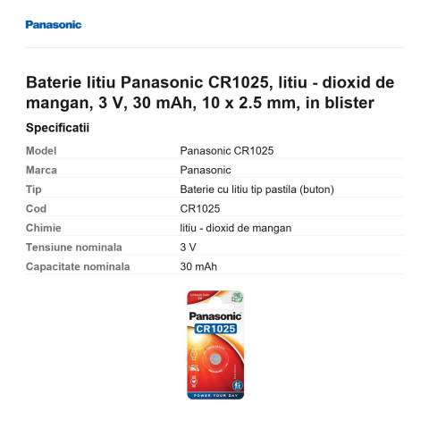 Baterie litiu Panasonic CR1025, litiu - dioxid de mangan, 3 V, 30 mAh, 10 x 2.5 mm, in blister [2]