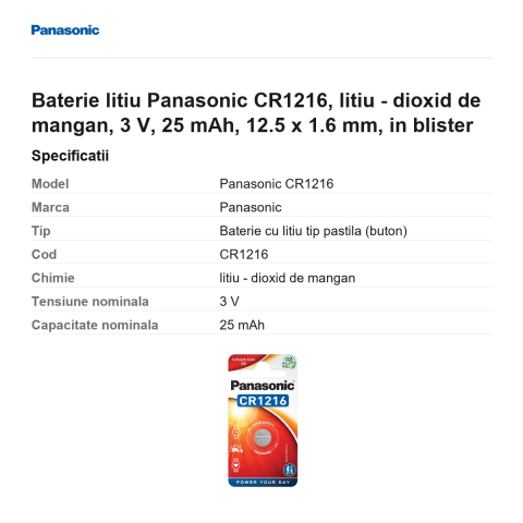 Baterie litiu Panasonic CR1216, litiu - dioxid de mangan, 3 V, 25 mAh, 12.5 x 1.6 mm, in blister [2]