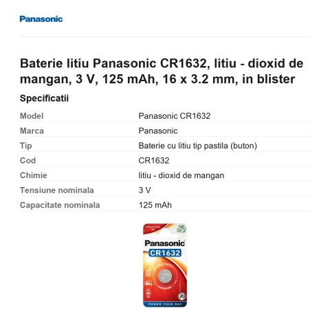 Baterie litiu Panasonic CR1632, litiu - dioxid de mangan, 3 V, 125 mAh, 16 x 3.2 mm, in blister [2]