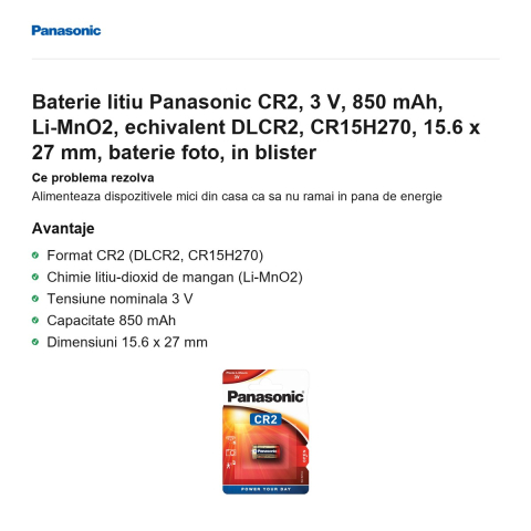 Baterie litiu Panasonic CR2, 3 V, 850 mAh, Li-MnO2, echivalent DLCR2, CR15H270, 15.6 x 27 mm, baterie foto, in blister [1]