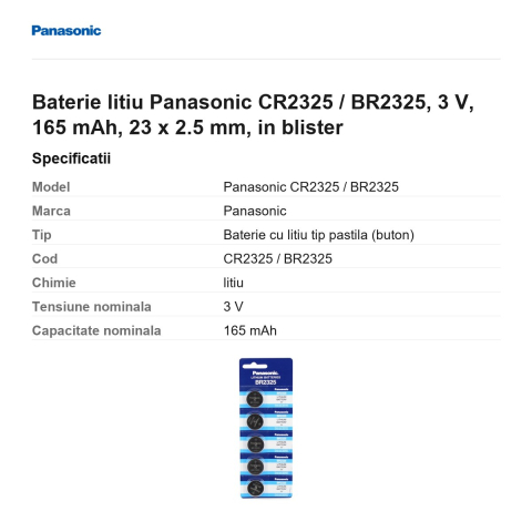 Baterie litiu Panasonic CR2325 / BR2325, 3 V, 165 mAh, 23 x 2.5 mm, in blister [2]