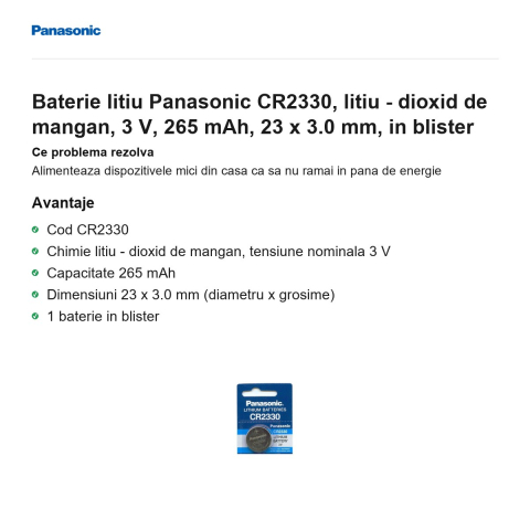 Baterie litiu Panasonic CR2330, litiu - dioxid de mangan, 3 V, 265 mAh, 23 x 3.0 mm, in blister [1]