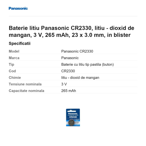 Baterie litiu Panasonic CR2330, litiu - dioxid de mangan, 3 V, 265 mAh, 23 x 3.0 mm, in blister [2]