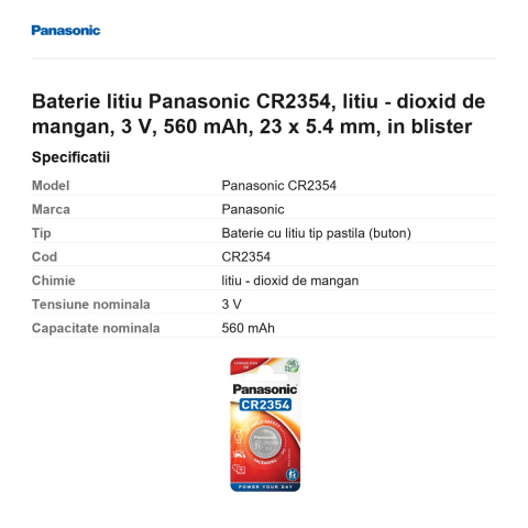 Baterie litiu Panasonic CR2354, litiu - dioxid de mangan, 3 V, 560 mAh, 23 x 5.4 mm, in blister [2]