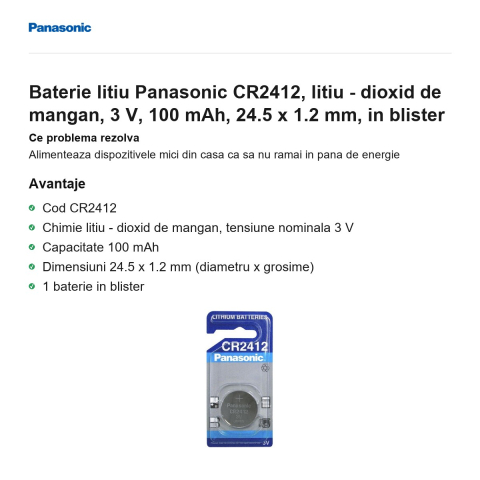 Baterie litiu Panasonic CR2412, litiu - dioxid de mangan, 3 V, 100 mAh, 24.5 x 1.2 mm, in blister [1]