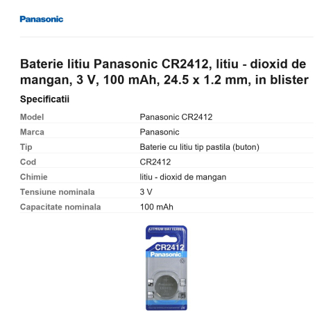 Baterie litiu Panasonic CR2412, litiu - dioxid de mangan, 3 V, 100 mAh, 24.5 x 1.2 mm, in blister [2]