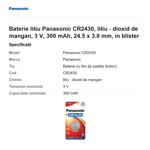 Baterie litiu Panasonic CR2430, litiu - dioxid de mangan, 3 V, 300 mAh, 24.5 x 3.0 mm, in blister [2]