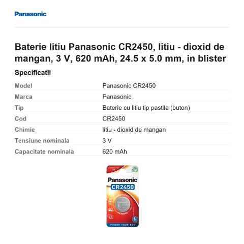 Baterie litiu Panasonic CR2450, litiu - dioxid de mangan, 3 V, 620 mAh, 24.5 x 5.0 mm, in blister [2]