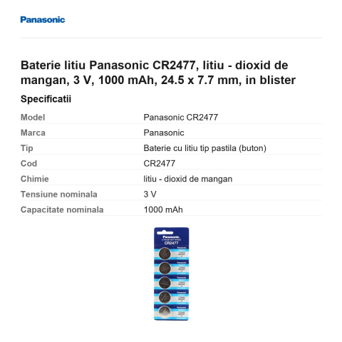 Baterie litiu Panasonic CR2477, litiu - dioxid de mangan, 3 V, 1000 mAh, 24.5 x 7.7 mm, in blister [2]