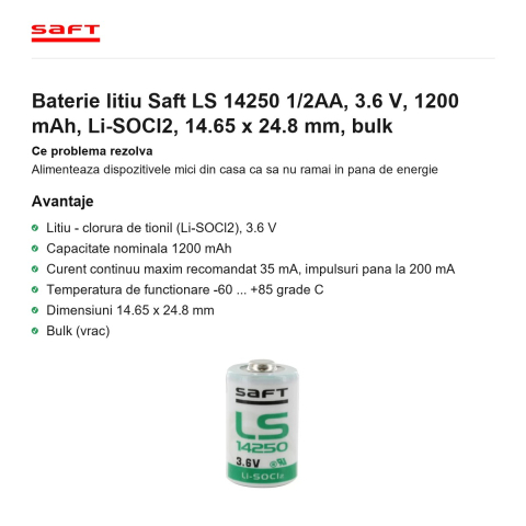 Baterie litiu Saft LS 14250 1/2AA, 3.6 V, 1200 mAh, Li-SOCl2, 14.65 x 24.8 mm, bulk [1]