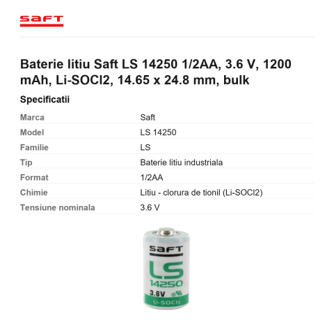 Baterie litiu Saft LS 14250 1/2AA, 3.6 V, 1200 mAh, Li-SOCl2, 14.65 x 24.8 mm, bulk [2]