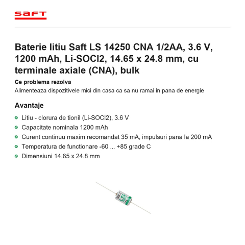 Baterie litiu Saft LS 14250 CNA 1/2AA, 3.6 V, 1200 mAh, Li-SOCl2, 14.65 x 24.8 mm, cu terminale axiale (CNA), bulk [1]