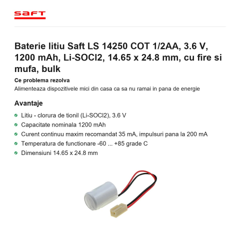 Baterie litiu Saft LS 14250 COT 1/2AA, 3.6 V, 1200 mAh, Li-SOCl2, 14.65 x 24.8 mm, cu fire si mufa, bulk [1]