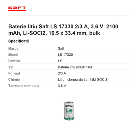 Baterie litiu Saft LS 17330 2/3 A, 3.6 V, 2100 mAh, Li-SOCl2, 16.5 x 33.4 mm, bulk [2]