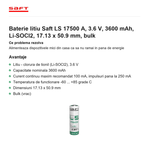 Baterie litiu Saft LS 17500 A, 3.6 V, 3600 mAh, Li-SOCl2, 17.13 x 50.9 mm, bulk [1]
