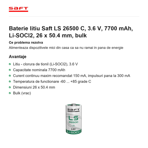 Baterie litiu Saft LS 26500 C, 3.6 V, 7700 mAh, Li-SOCl2, 26 x 50.4 mm, bulk [1]
