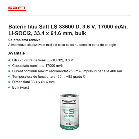 Baterie litiu Saft LS 33600 D, 3.6 V, 17000 mAh, Li-SOCl2, 33.4 x 61.6 mm, bulk [1]