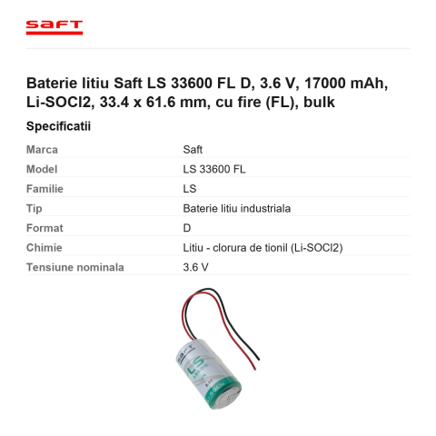 Baterie litiu Saft LS 33600 FL D, 3.6 V, 17000 mAh, Li-SOCl2, 33.4 x 61.6 mm, cu fire (FL), bulk [2]