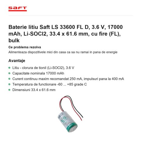 Baterie litiu Saft LS 33600 FL D, 3.6 V, 17000 mAh, Li-SOCl2, 33.4 x 61.6 mm, cu fire (FL), bulk [1]