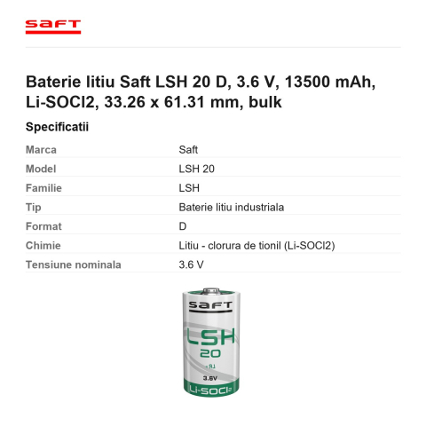 Baterie litiu Saft LSH 20 D, 3.6 V, 13500 mAh, Li-SOCl2, 33.26 x 61.31 mm, bulk [2]