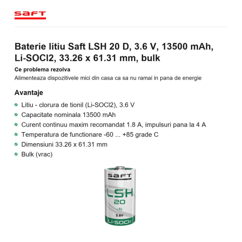 Baterie litiu Saft LSH 20 D, 3.6 V, 13500 mAh, Li-SOCl2, 33.26 x 61.31 mm, bulk [1]