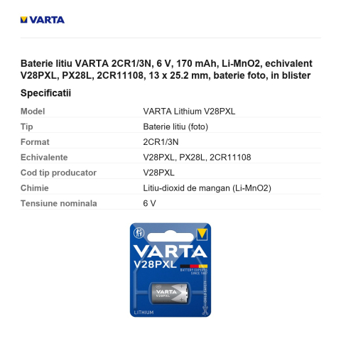 Baterie litiu VARTA 2CR1/3N, 6 V, 170 mAh, Li-MnO2, echivalent V28PXL, PX28L, 2CR11108, 13 x 25.2 mm, baterie foto, in blister [2]