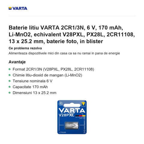 Baterie litiu VARTA 2CR1/3N, 6 V, 170 mAh, Li-MnO2, echivalent V28PXL, PX28L, 2CR11108, 13 x 25.2 mm, baterie foto, in blister [1]