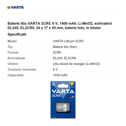 Baterie litiu VARTA 2CR5, 6 V, 1400 mAh, Li-MnO2, echivalent DL245, EL2CR5, 34 x 17 x 45 mm, baterie foto, in blister [2]