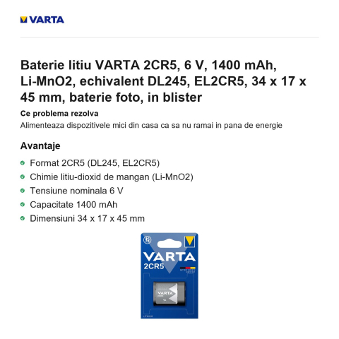 Baterie litiu VARTA 2CR5, 6 V, 1400 mAh, Li-MnO2, echivalent DL245, EL2CR5, 34 x 17 x 45 mm, baterie foto, in blister [1]