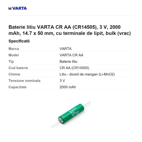 Baterie litiu VARTA CR AA (CR14505), 3 V, 2000 mAh, 14.7 x 50 mm, cu terminale de lipit, bulk (vrac) [2]
