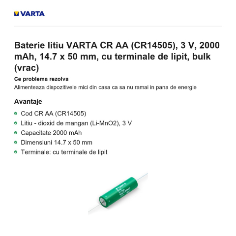 Baterie litiu VARTA CR AA (CR14505), 3 V, 2000 mAh, 14.7 x 50 mm, cu terminale de lipit, bulk (vrac) [1]