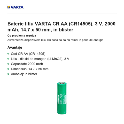 Baterie litiu VARTA CR AA (CR14505), 3 V, 2000 mAh, 14.7 x 50 mm, in blister [1]