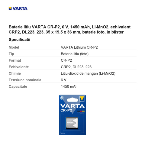 Baterie litiu VARTA CR-P2, 6 V, 1450 mAh, Li-MnO2, echivalent CRP2, DL223, 223, 35 x 19.5 x 36 mm, baterie foto, in blister [2]