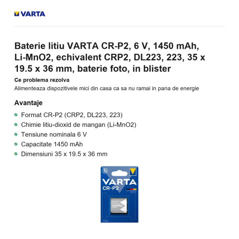 Baterie litiu VARTA CR-P2, 6 V, 1450 mAh, Li-MnO2, echivalent CRP2, DL223, 223, 35 x 19.5 x 36 mm, baterie foto, in blister [1]