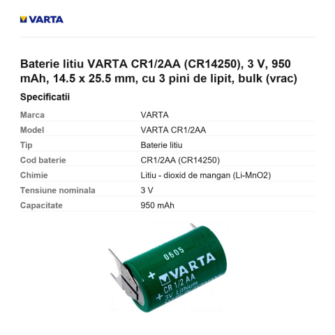 Baterie litiu VARTA CR1/2AA (CR14250), 3 V, 950 mAh, 14.5 x 25.5 mm, cu 3 pini de lipit, bulk (vrac) [2]