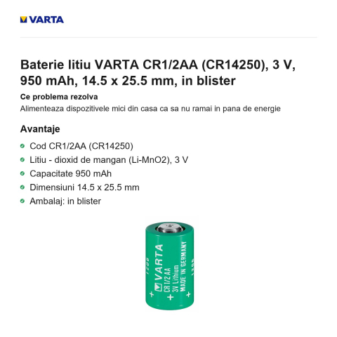 Baterie litiu VARTA CR1/2AA (CR14250), 3 V, 950 mAh, 14.5 x 25.5 mm, in blister [1]